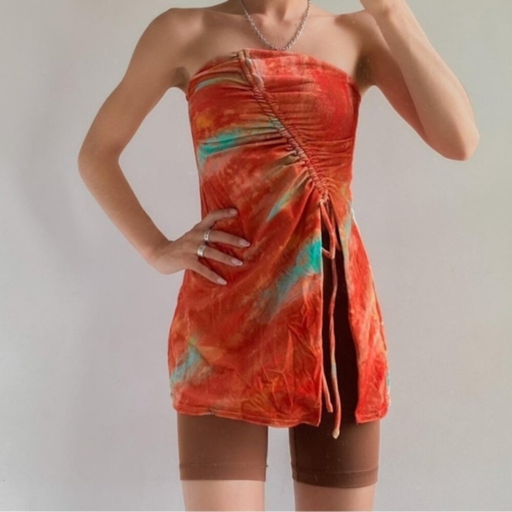 Free People Velvet Tie Dye Cinch Tie Strapless Top Babydoll Sz XS